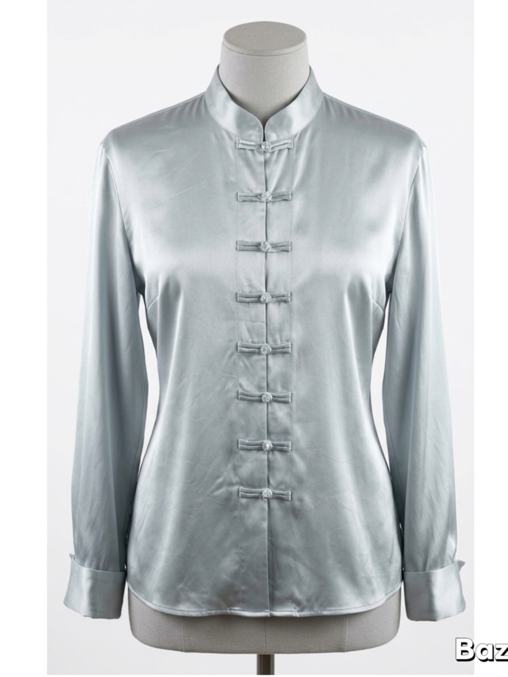 Kate Hill Silver Satin Mandarin Collar Blouse